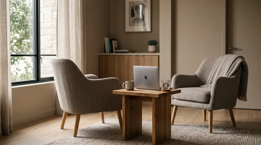 A quiet consultation room with two upholstered chairs facing each other across a small oak table.