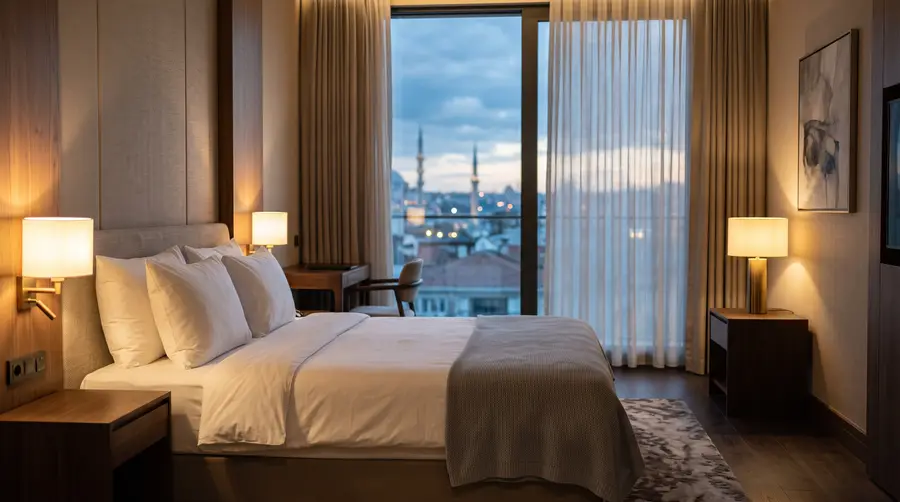 A calm hotel room with a made bed in white linen and sheer curtains half drawn over a city rooftop view at dusk.