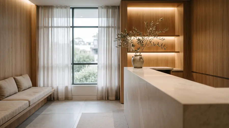 A calm, empty clinic reception with a pale stone counter, oak panelling and daylight through sheer curtains.