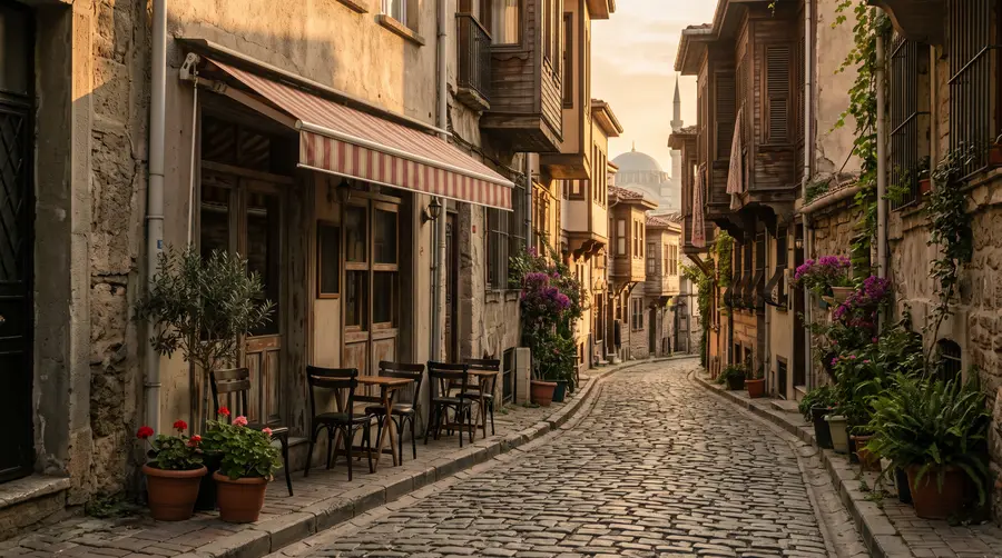 A quiet Istanbul side street at golden hour: worn stone paving, a small cafe with empty chairs under a striped awning, potted plants.