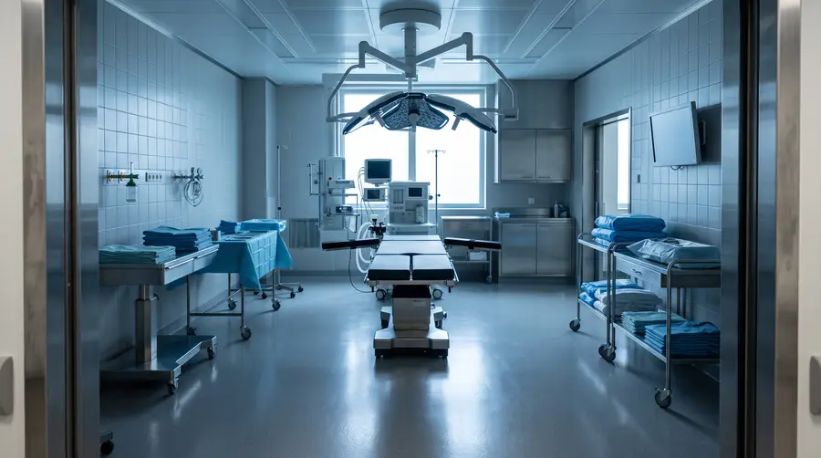 An empty, prepared operating theatre: a clean surgical table under an unlit surgical light, sterile trolleys and a polished floor.