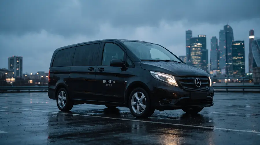 A black Mercedes Vito passenger van with Bonita Clinic lettering on the side door, parked on wet asphalt at dusk.