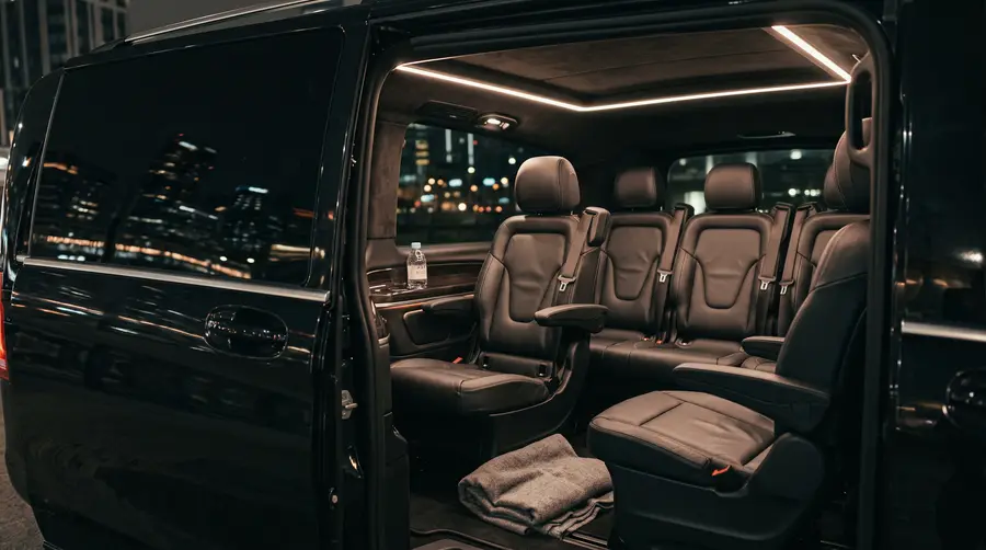 The interior of a premium black passenger van: empty leather rear seats, a folded blanket and bottled water, city lights through the tinted window.