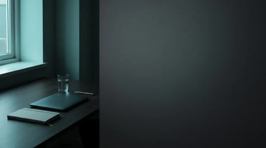 A closed laptop, a notebook and a glass of water on a dark desk at dusk. A generated illustration, not a photograph of this clinic's office.